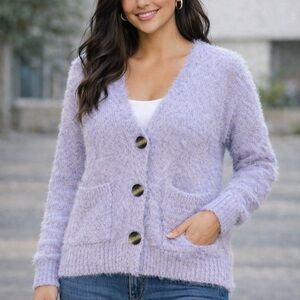 Hazel Moon | Fuzzy Purple Cardigan | Eyelash Knit Button-Up Sweater | Size XS